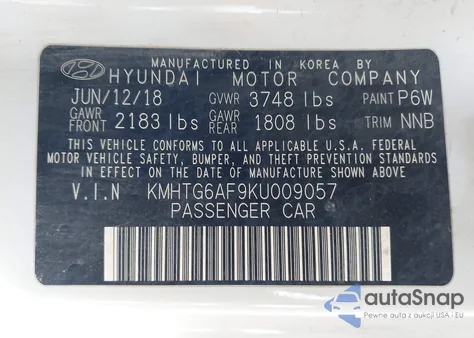 2019 Hyundai Veloster 2.0 z USA, uszkodzony, nr VIN KMHTG6AF9KU009057